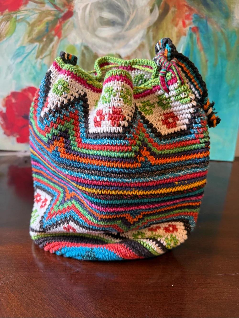 Crochet Bucket Bag Multicolor Geo Pattern Boho Festival Hippie Beaded Purse